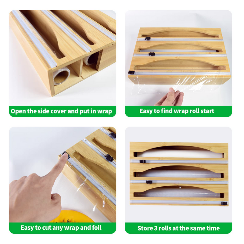 3 Grids Bamboo Foil Cling Film Storage Holder